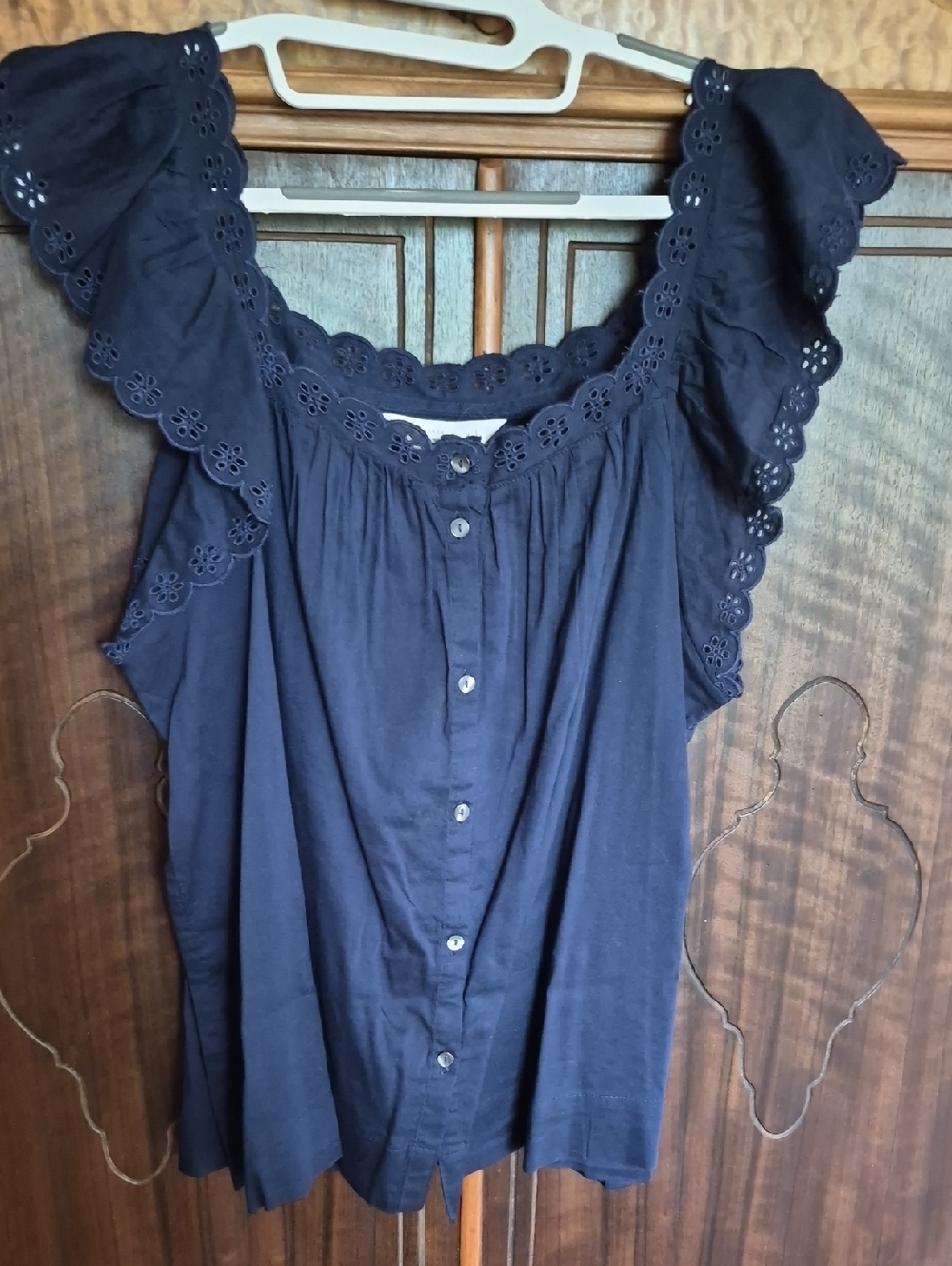 LC Lauren Conrad Navy Eyelet Flutter Button-Down Top